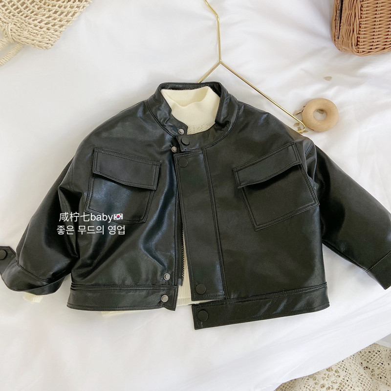 2020 Winter Short Girls Korean Edition Vintage Foreign Standing Collar Motorcycle Jacket Baby Boy Kids Leather Jacket