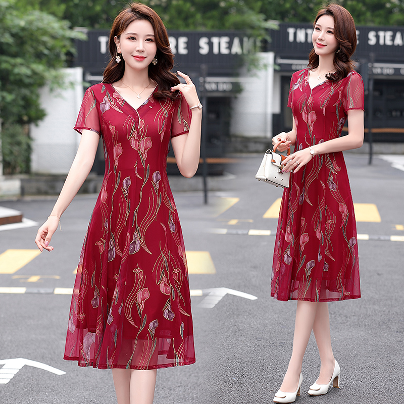 Ninety-posture Women's Clothing Clearing House Discount 2022 New Foreign Dress Women's Summer Short Sleeve Real Silk Snowspun Chopped Flowers Middle Long Dress