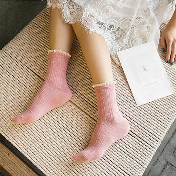 Day series South Korean Spring and Autumn Women Sox Socks Mori Series Fugu Lace Flower Side Bubble Socks Pure Cotton Short Socks