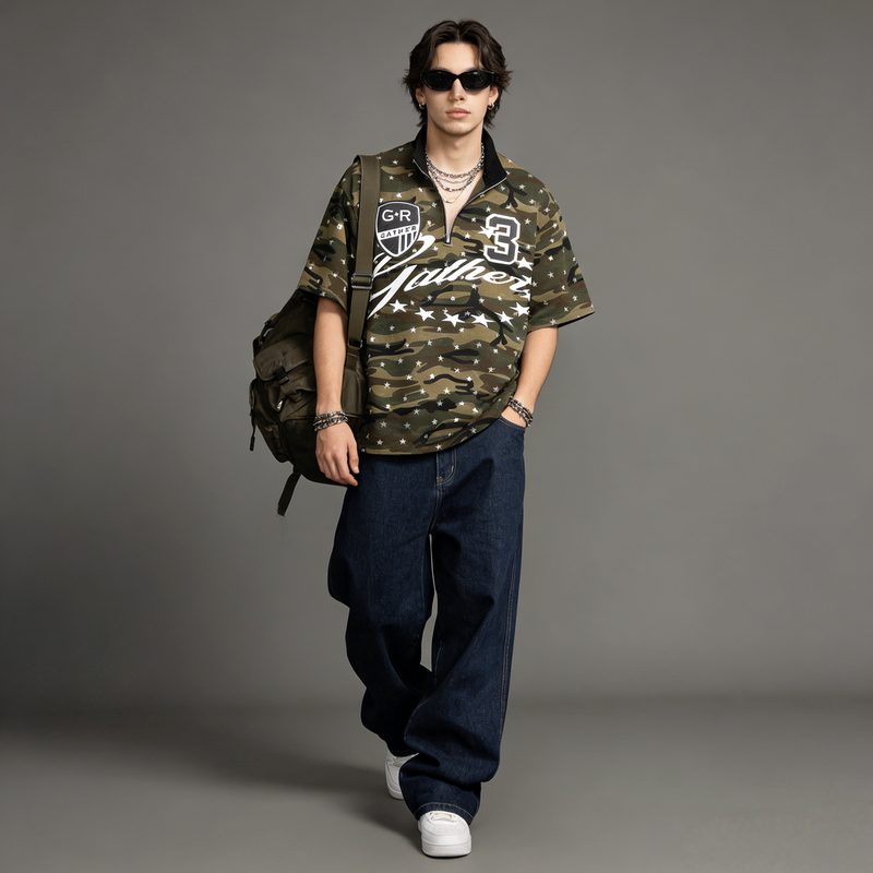 Faith American-Style Trendy Camouflage Short-Sleeve Polo Shirt Street Casual Printed Zipper Loose Versatile Top