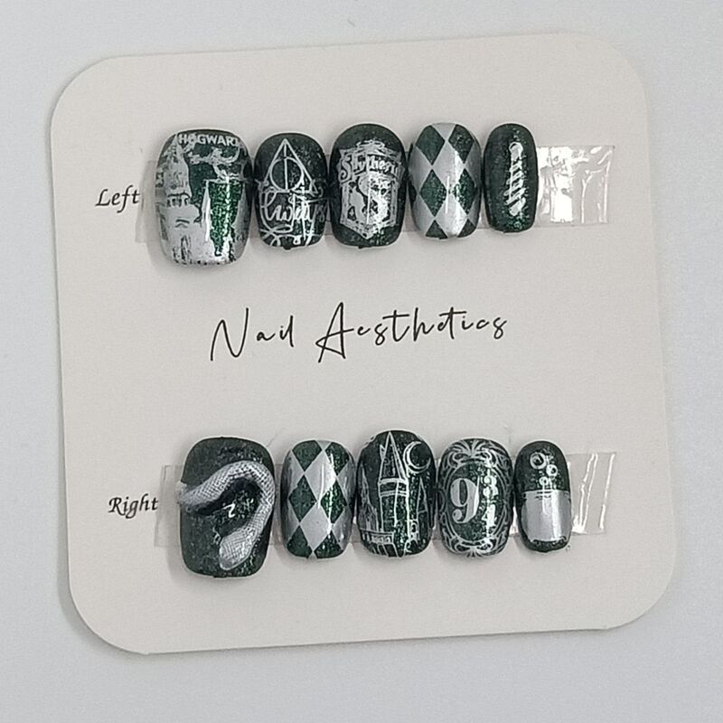 Handmade Reusable Manicure Wearable Nails Harry Potter Slytherin Snake House Wearable Nails