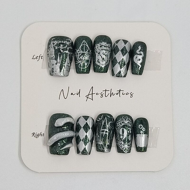 Handmade Reusable Nail Art Wearable Nails Harry Potter Slytherin Snake House Wearable Nails