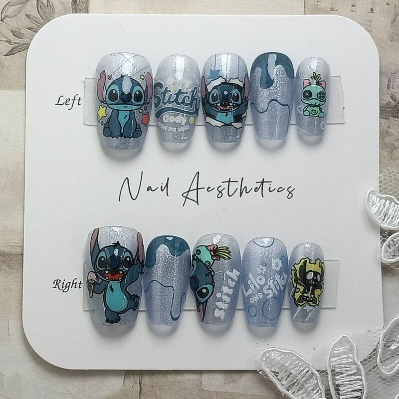 Handmade Wearable Nails, Reusable Nail Art, Cute Cartoon Stitch Wearable Nails for Spring and Summer