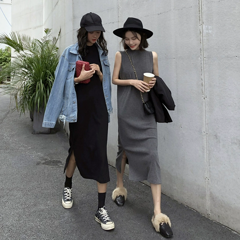 Váy mùa hè Hồng Kông hương vị retro bên khe đan áo vest dưới cùng váy dài váy nữ là váy mỏng và dài bình thường - Sản phẩm HOT