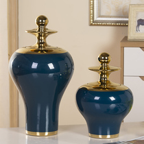  European-style model room soft decoration decoration Jingdezhen creative copper accessories Ceramic home entrance general jar vase