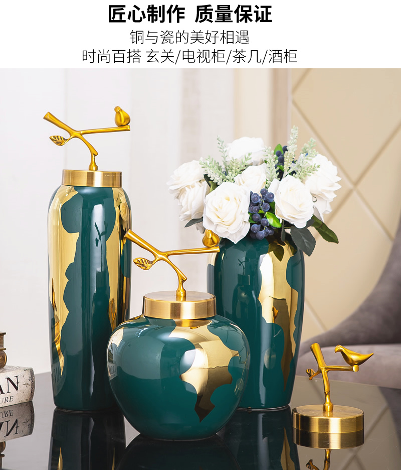 New Chinese style ceramic light blackish green vase European key-2 luxury decorative furnishing articles with copper cover sitting room dry flower arranging flowers, household act the role ofing is tasted