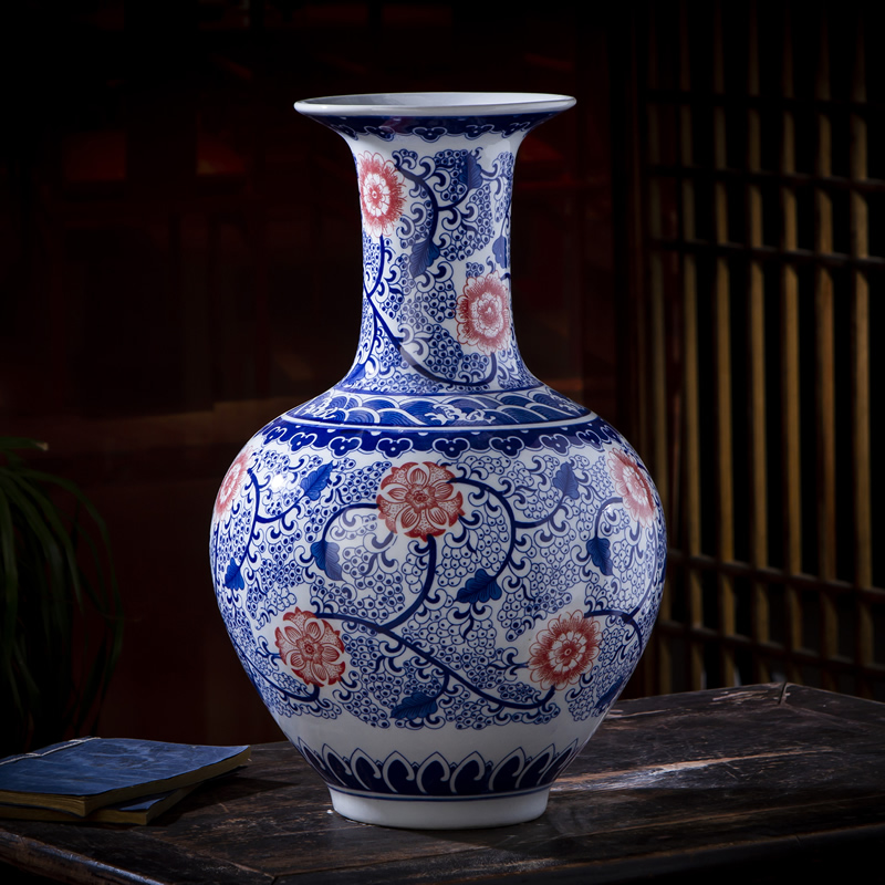 Jingdezhen ceramic antique large blue and white porcelain vase furnishing articles of new Chinese style living room porch flower arranging porcelain decoration