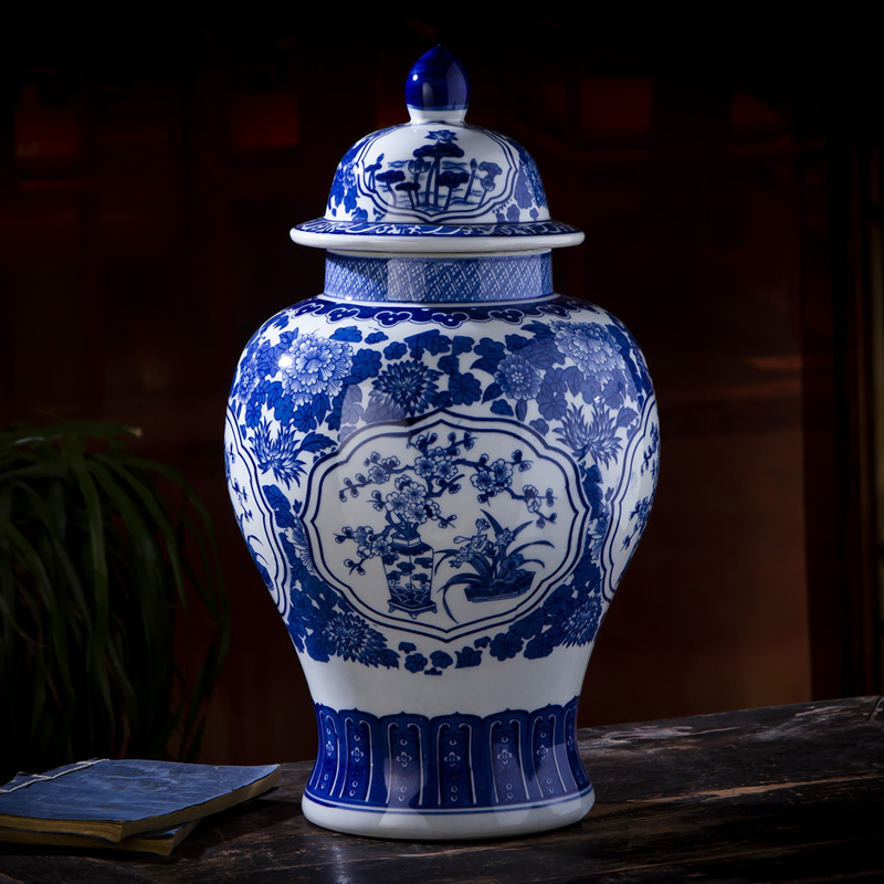 Jingdezhen ceramic general pot of blue and white porcelain vase furnishing articles Chinese antique pottery storage tank sitting room tea pot