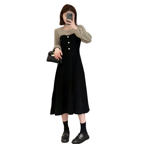 Черное осеннее платье, приталенная длинная юбка, подходит для подростков, городской стиль, французский стиль