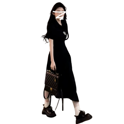 Черное летнее платье, длинная юбка, подходит для подростков, французский стиль