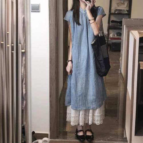 Синее летнее ципао, свадебное платье, комплект, длинная юбка, китайский стиль