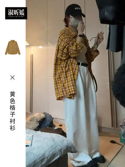 美式复古黄色条纹格子衬衫外套女2025新款夏季中长款上衣衬衣早秋