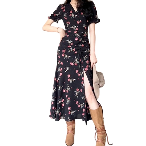 Черное летнее платье, длинная юбка, французский стиль, в цветочек, по фигуре, изысканный стиль