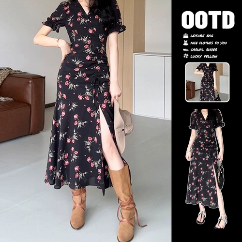 Черное летнее платье, длинная юбка, французский стиль, в цветочек, по фигуре, изысканный стиль