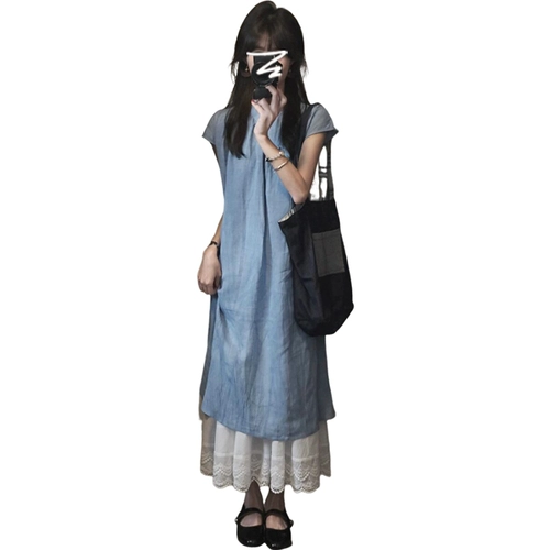 Синее летнее ципао, свадебное платье, комплект, длинная юбка, китайский стиль