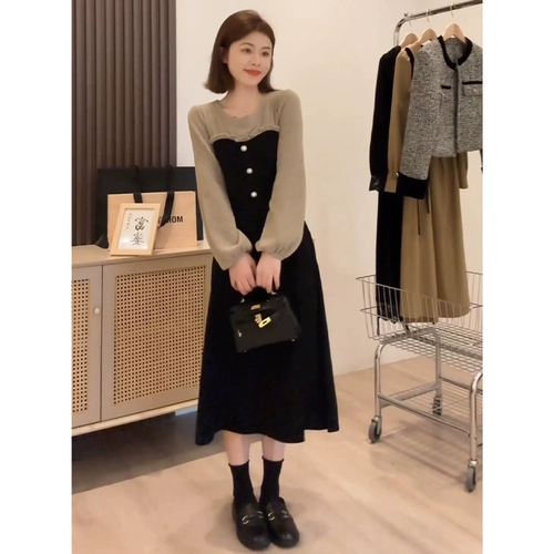 Черное осеннее платье, приталенная длинная юбка, подходит для подростков, городской стиль, французский стиль