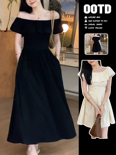 Черное платье на одно плечо во французском стиле с перерывом на чай, длинное платье с талией в стиле Хепберн, новый дизайн 2025 года