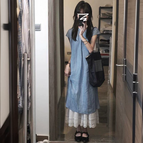 Синее летнее ципао, свадебное платье, комплект, длинная юбка, китайский стиль