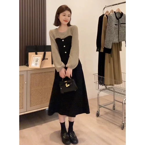 Черное осеннее платье, приталенная длинная юбка, подходит для подростков, городской стиль, французский стиль