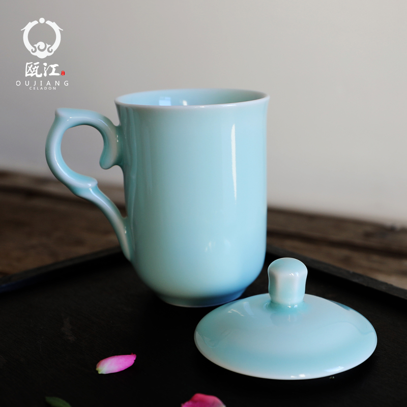 Oujiang longquan celadon teacup office and meeting with cover contracted household of Chinese style individual ceramic mugs