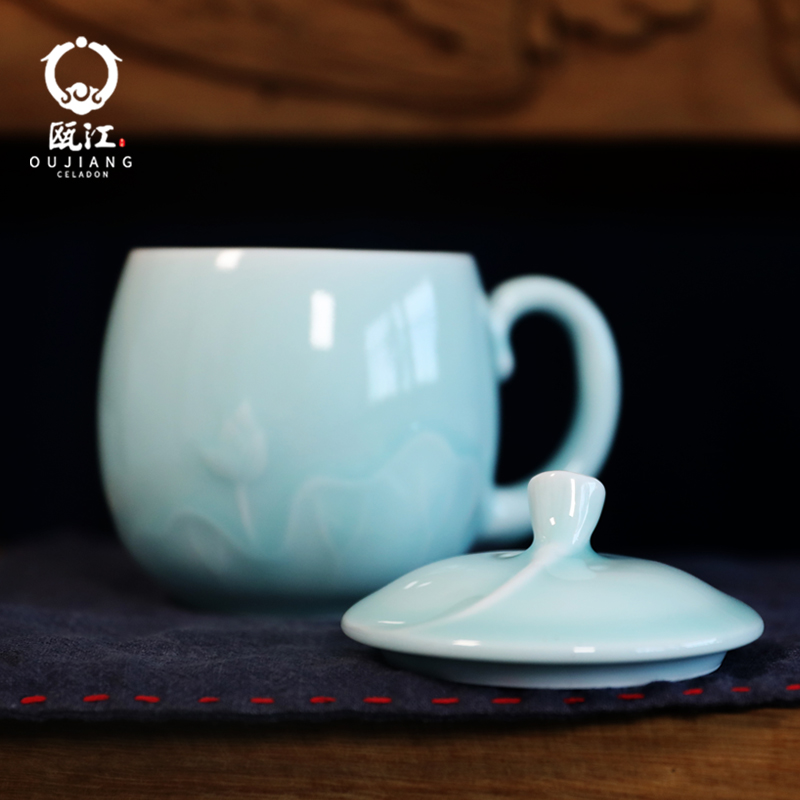 Oujiang longquan celadon teacup ceramic cups with cover glass office green tea tea cup single cup tea cup