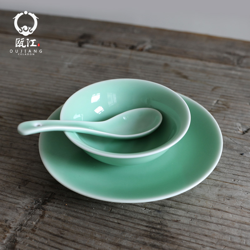 Pure pigment oujiang longquan celadon dishes teaspoons of moonlight hotel tableware ceramic bowl hotel tableware three - piece suit