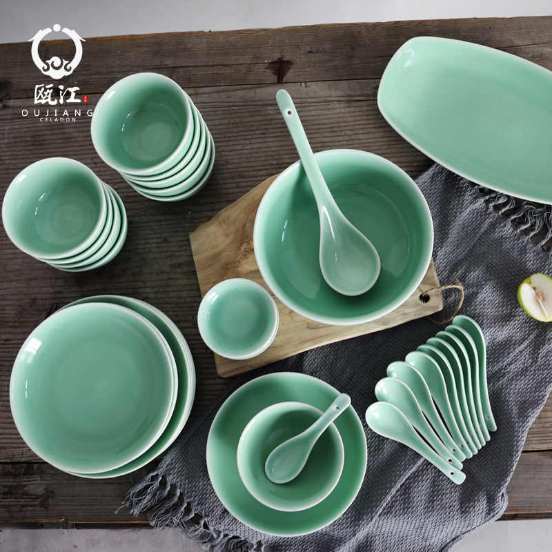Variation of longquan celadon tableware suit household of Chinese style ceramic tableware portfolio dishes dishes suit wedding gifts
