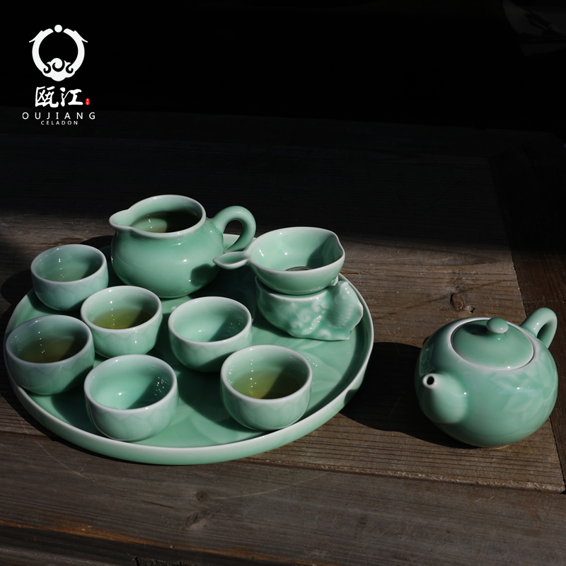 Oujiang longquan celadon tea set kung fu tea sets with lotus tea tea tray household ceramics gift boxes