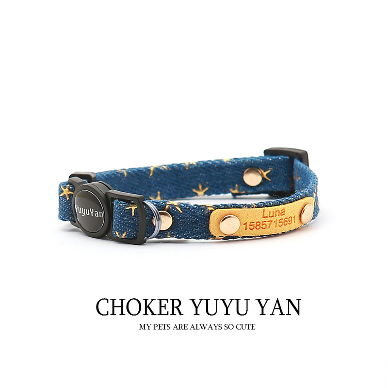 Choker Yuyu Yan Blue Star Kitten Collar Adjustable with Engraved Owner's Name Pet Collar Choker Yuyu Yan Blue Star Kitten Collar Adjustable with Engraved Owner's Name Pet Collar
