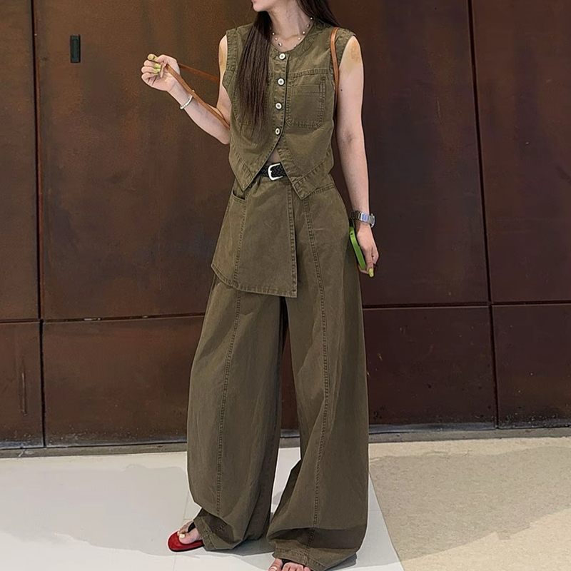 Korean Style Sleeveless V-Neck Vest Denim Suit for Women, New Summer High-Waisted Loose Wide-Leg Pants Casual Two-Piece Set