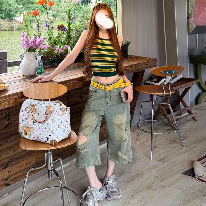 Ripped Distressed Cropped Denim Pants for Women, New Summer Korean Style, High-Waisted, Loose Wide-Leg Pants, Casual Straight-Leg Mid-Length Pants, Trendy