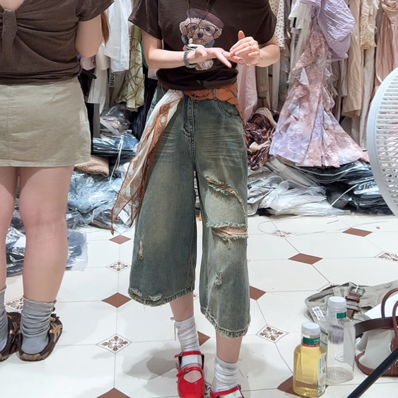 Designed with a Vintage Feel, Ripped Cropped Jeans for Women, New Summer Style, High-Waisted, Loose Wide-Leg Pants, Straight Casual Mid-Length Pants, Thin Designed with a Vintage Feel, Ripped Cropped Jeans for Women, New Summer Style, High-Waisted, Loose Wide-Leg Pants, Straight Casual Mid-Length Pants, Thin