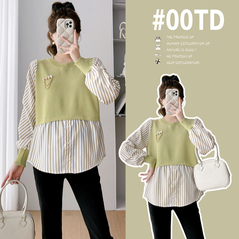 Large Code Pregnant Woman Fashion 100 Lap Up Clothing Knit Stripe Splicing Pregnant Woman Shirt Pregnant Woman Spring Autumn Loaded With Clothing Gestation-Taobao