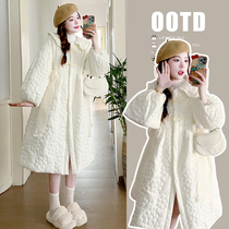 Winter New Pint Han version loose Lean Pregnant pregnant woman Sweet Veil Butterfly Knot Reworked Pregnant Woman Cotton Clothing Coat Gestational Woman Dress