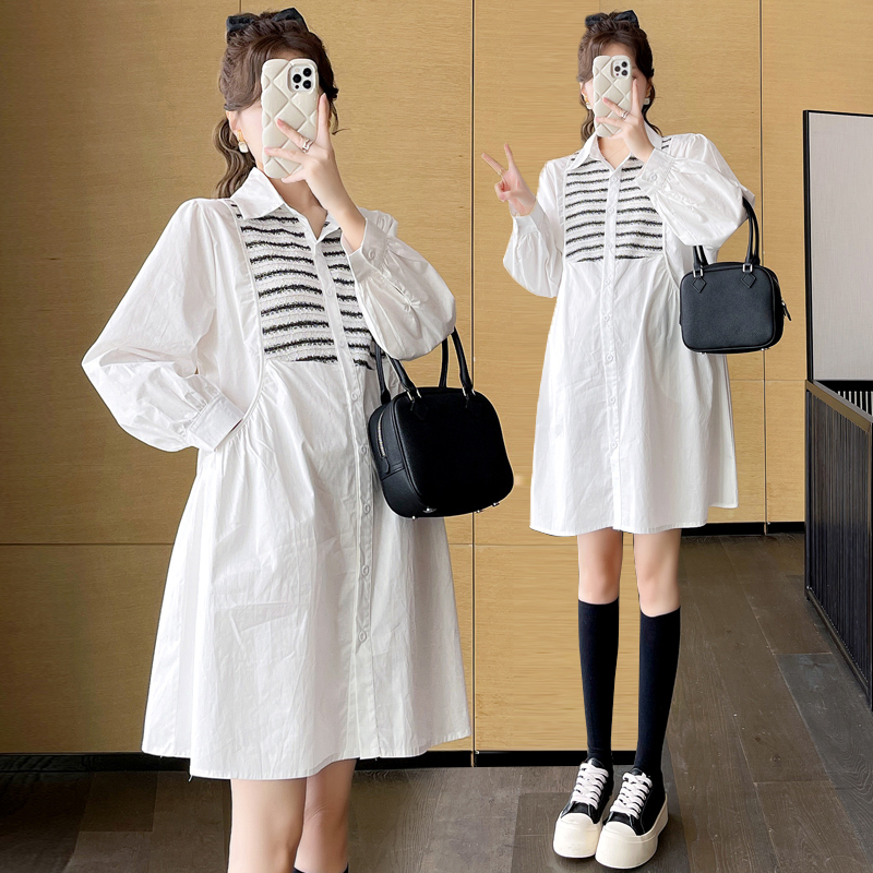2025 Autumn New Fashion Maternity Wear Mid-Length Patchwork Shirt Dress Korean Style Trendy Mom Maternity Dress Shirt 2025 Autumn New Fashion Maternity Wear Mid-Length Patchwork Shirt Dress Korean Style Trendy Mom Maternity Dress Shirt