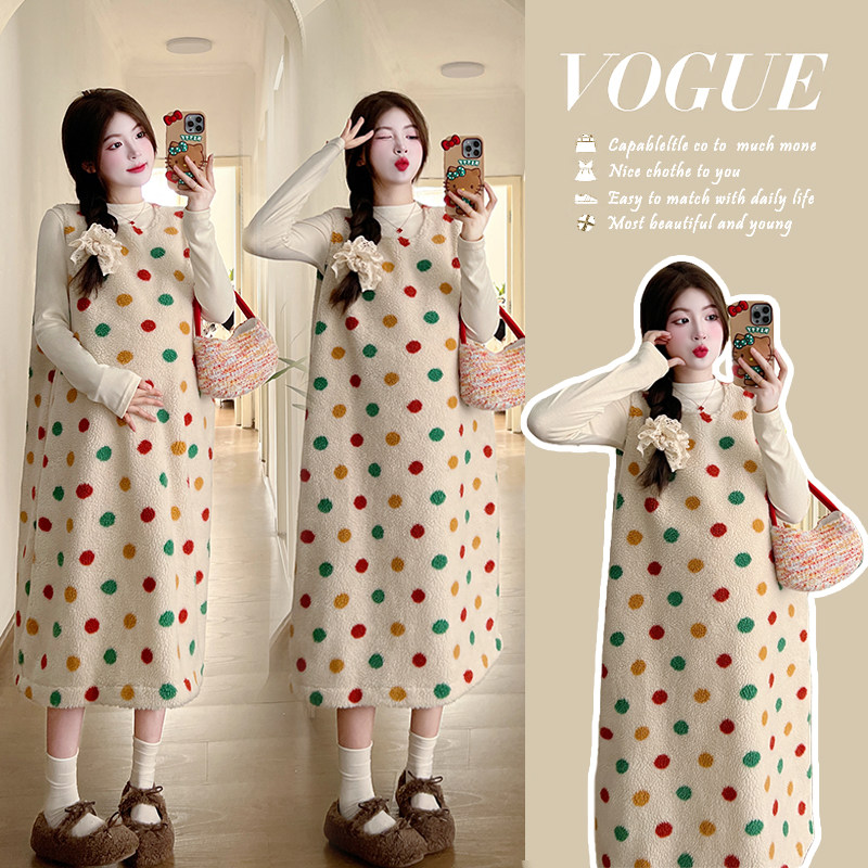 2023 Autumn Winter New Gestational Woman Clothing Lamb Wool Color Wave Dot Vest Skirt Bottom Two Sets Dress Woman-Taobao