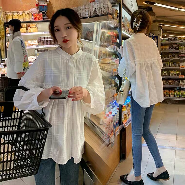 Medium-long version of the doll-shirt pregnant woman shirt Spring and autumn outside the pregnant woman blouses Autumn Clothing fashion Pregnancy Shirt Spring and Autumn Fashion