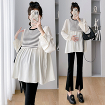 2023 Autumn New Fashion Striped Splicing Fake Two-Piece Loose Baby Baby Shirt Tops and Shirts for Pregnant Women Trendy Maternity Clothes