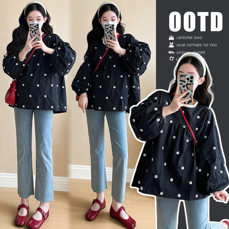Maternity Wear Spring New Korean Style Loose and Fashionable Spring and Autumn Embroidered Shirt Chiffon Shirt Slimming Long-Sleeved Maternity Top