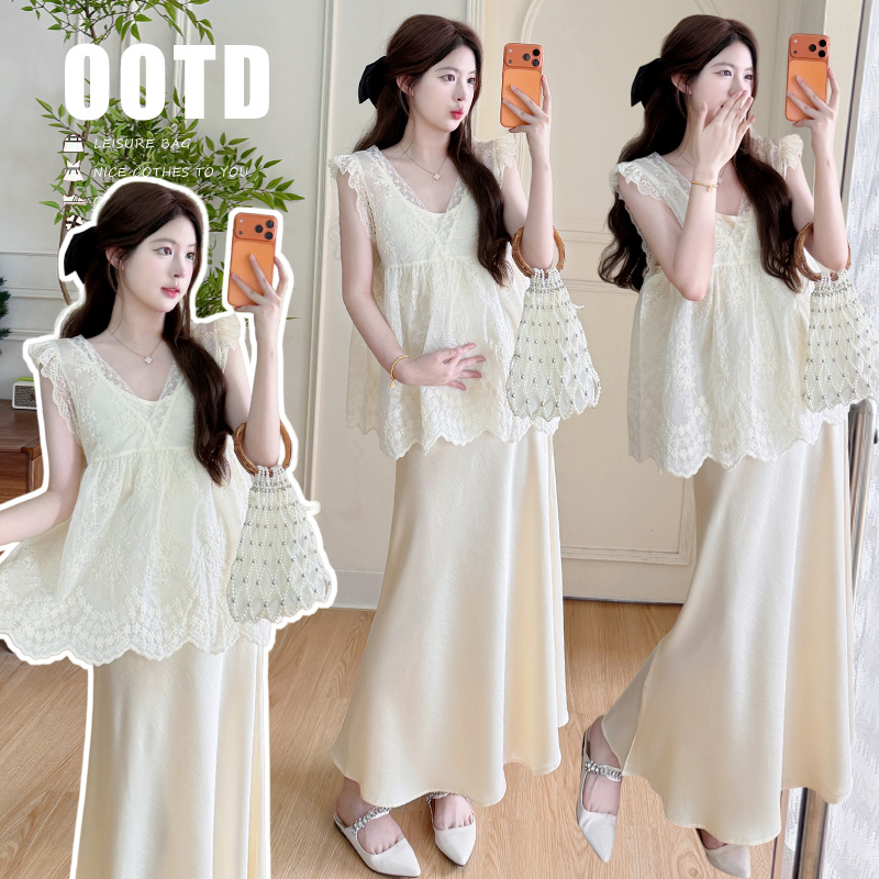 Maternity Wear Summer New Style Lace V-Neck Jacquard Embroidery Lace Trim Small Flutter Sleeve Top + Satin Camisole Dress Set for Women Maternity Wear Summer New Style Lace V-Neck Jacquard Embroidery Lace Trim Small Flutter Sleeve Top + Satin Camisole Dress Set for Women