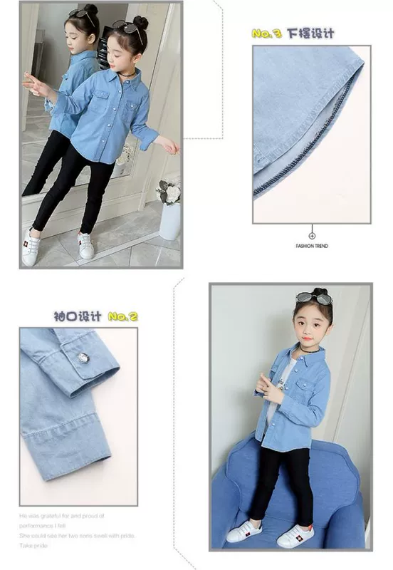 Áo sơ mi nữ denim tay dài 2019 mùa xuân mỏng phần bé gái sơ mi xuân hè mùa thu Hàn Quốc áo khoác trẻ em nước ngoài - Áo sơ mi