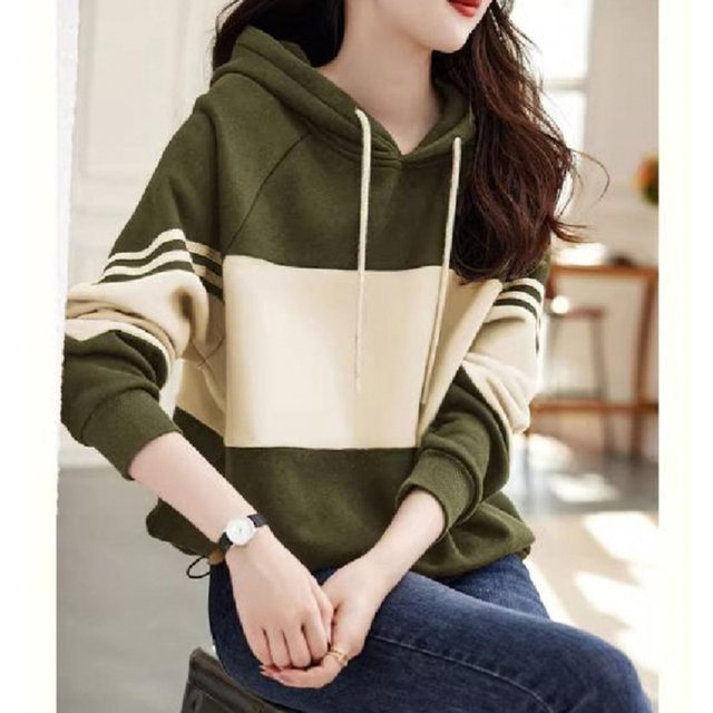 Black hooded sweatshirt jacket for women 2023 spring and autumn new Korean style loose contrasting striped stitching casual top trendy