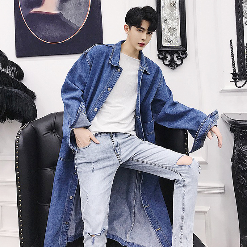 trạm châu Âu retro in lười biếng denim áo gió man trên đầu gối dài áo gió rửa lỏng người đàn ông áo đơn giản