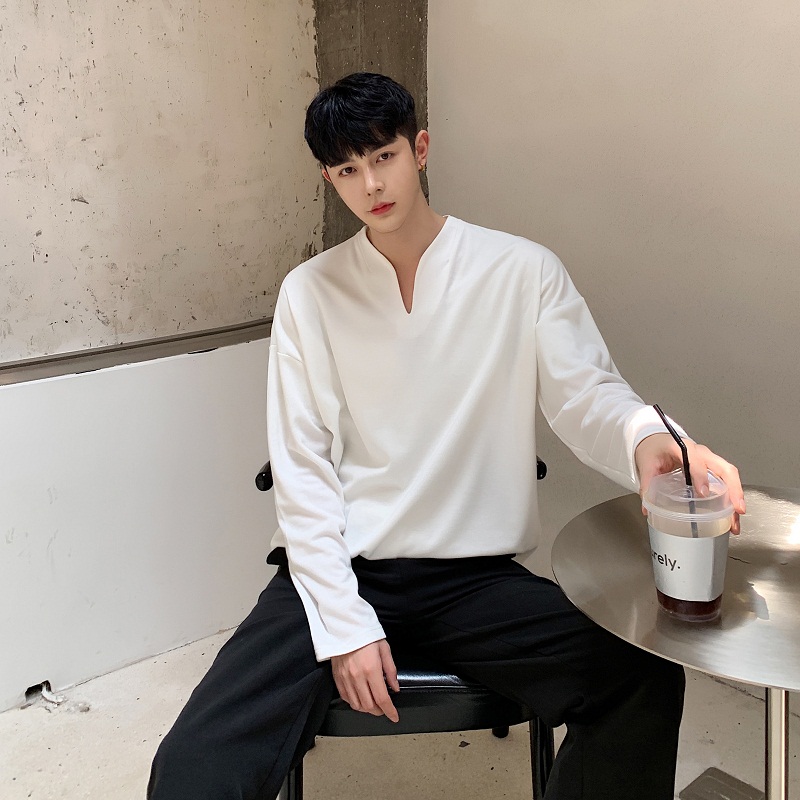 Early autumn Han Edition handsome and V-collar shirt men retro personality pure color loose long sleeve T suit men