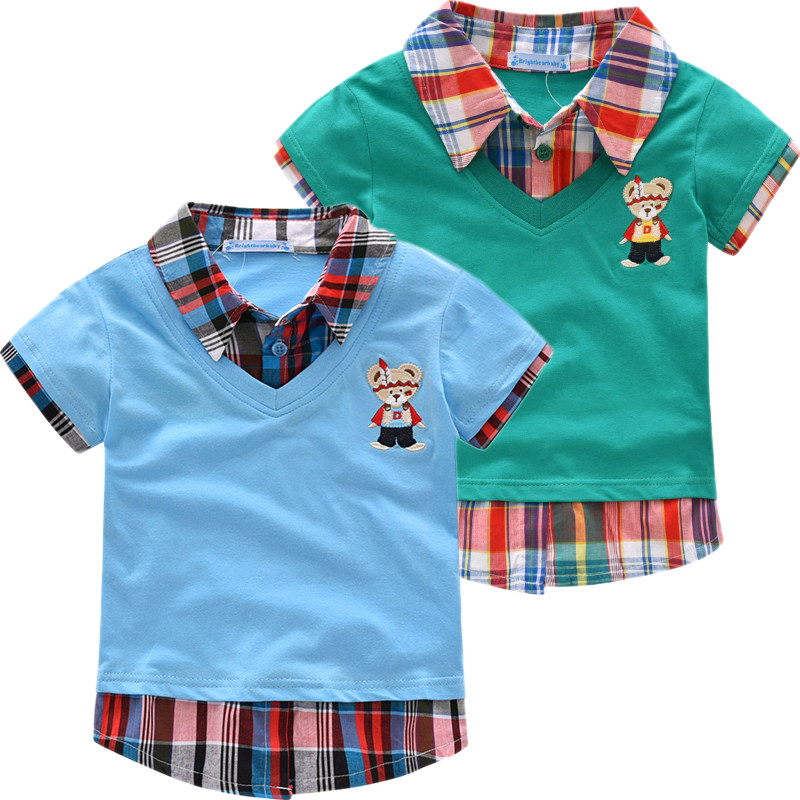 Male baby short-sleeved T-shirt fashion summer new bear children's clothing boy splicing tide children's shirt Korean version of the collar lapel T