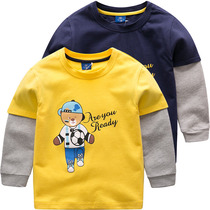 Korean version of childrens clothing bear Boy Boys pullover stitching long sleeve T-shirt Joker Spring and Autumn new childrens fake two clothes Cotton