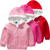 Bear childrens clothing fashion autumn and winter girls thick sweater childrens coat girl with hat plus velvet warm sweater