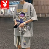 Playboy, шелковая футболка с коротким рукавом, комплект, летняя одежда, оверсайз, подходит для подростков