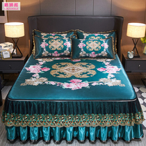 Summer air-conditioned single double foldable bed skirt type ice silk mat three-piece set water washable machine wash bed cover cool mat