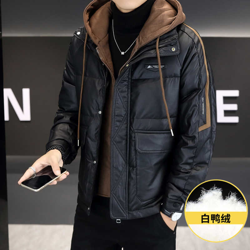 Fake Two-Piece Men's down Jacket 2025 Winter New Fashion Trendy Brand Hooded Pu Leather Thickened Warm No-Wash Coat Fake Two-Piece Men's down Jacket 2025 Winter New Fashion Trendy Brand Hooded Pu Leather Thickened Warm No-Wash Coat